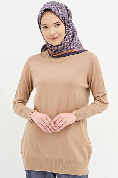 Tuğba Sıfır Yaka Basic Triko Kazak - Camel