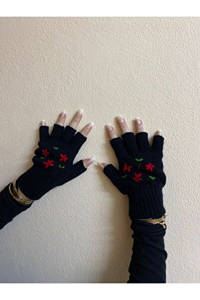 sema aksesuar Black Handmade Red Flower Embroidered Cut Fingers Gloves - Desi...