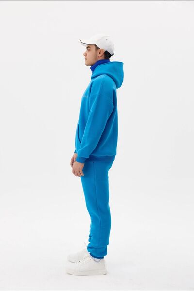 FUWEAR Erkek 3 İplik Mavi Kapüşonlu Şardonlu Eşofman Takımı