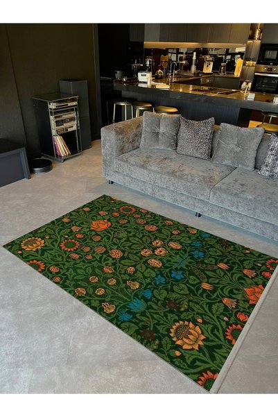 Rugs Modern Halı Özge Collection Dark Green Ivy Detailed Orange Blue Floral W...