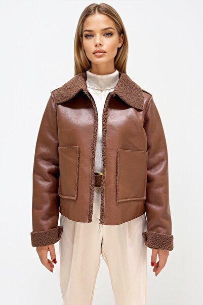 VAGGON Γυναικείο Tan Double Pocket Fur Inside Faux Leather Biker Jacket Prm0408