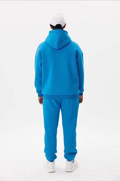 FUWEAR Erkek 3 İplik Mavi Kapüşonlu Şardonlu Eşofman Takımı