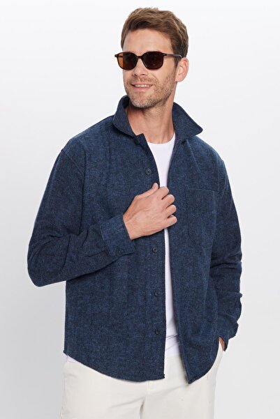 Tudors Зручна чоловіча сорочка - лісорубний комір, одна кишеня, синя з армурою, зимова