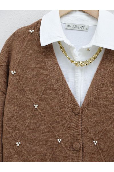 Modamorfo Yumoş Knitwear Cardigan - perleťový detail a knoflík, hnědá barva
