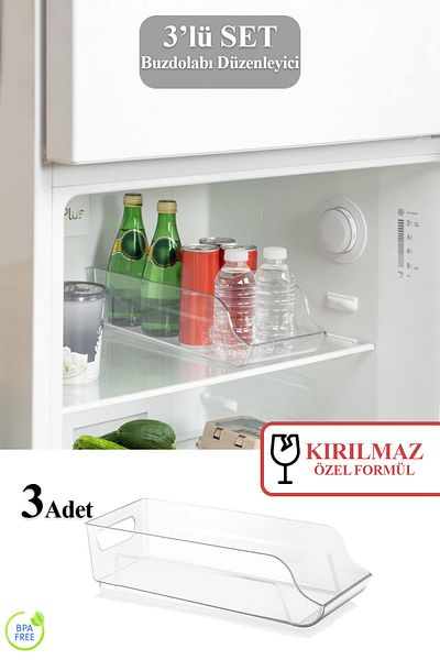 Pazar Kapısı Set of 3 Unbreakable Ultra Durable Refrigerator Bottle Organizer Organizer Box Transparent