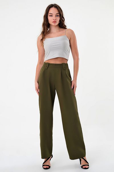 Hazel Women's Khaki Buttoned High Waist Palazzo Pants