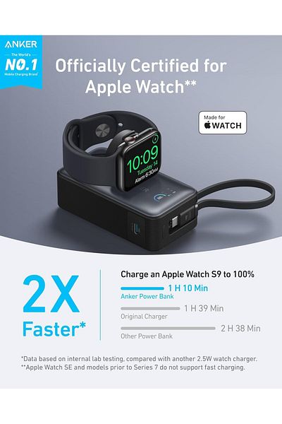 Anker MagGo Power Bank with Apple Watch charger & built-in USB-C cable (10K, 35W), Black