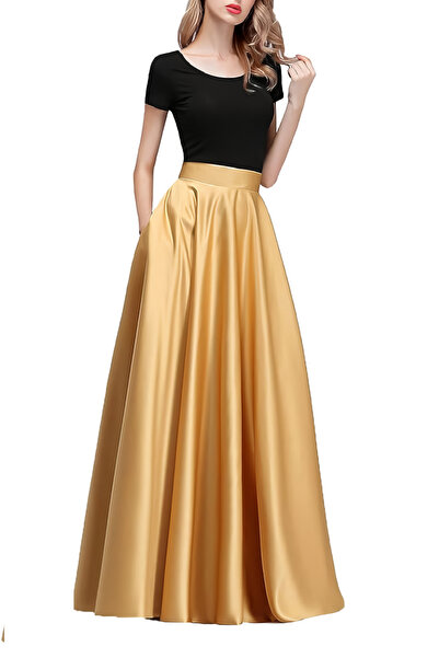 NSMLİFE Fusta din satin auriu cu talie înaltă