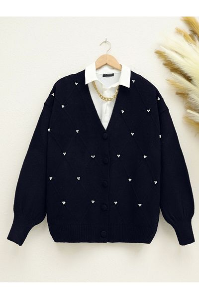 Modamorfo Buttoned Soft Knitwear Cardigan with Pearl Detail - Navy