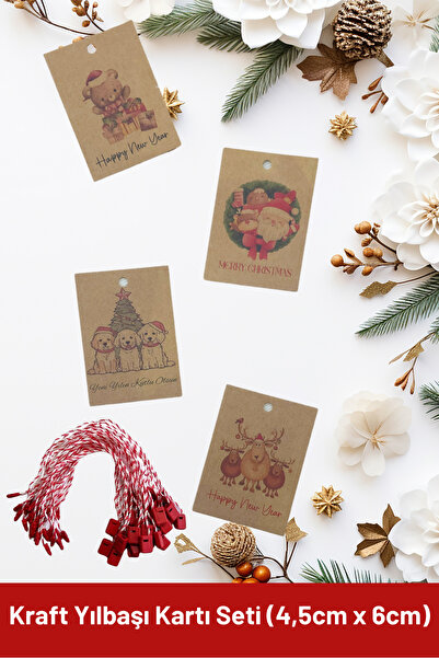 Netsan Etiket Kraft Yılbaşı Kartı 20 Farklı Tasarım 20 Adet Kırmızı Beyaz Kilitli Ip