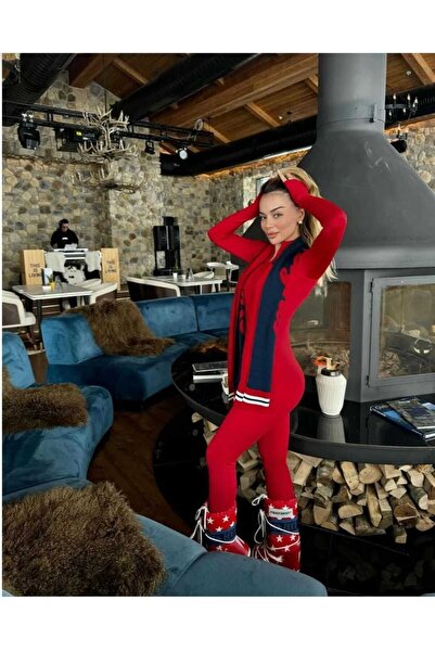 AYSELIZA Kırmızı Vücuda Oturan Polarlı Tayt Tulum