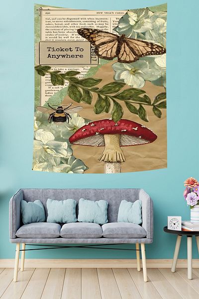 on the clouds Vintage Butterfly Patterned Anti-Stick Cloth Wall Cover - Halıs Tapestry