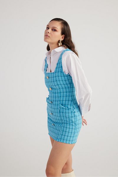 HOLLY LOLLY Rochie mini din tweed albastră cu detaliu cu nasturi metalici