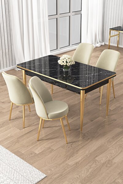 Canisa Rewa Serisi 70x110 Sabit Siyah Mermer Desen Gold Detay Masa Takımı ve ...
