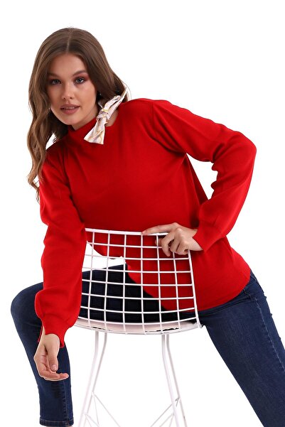 Irmak Kerekli Red Knitwear Blouse - Crew Neck, Scarf Sweater 1100