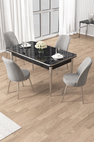 Canisa Rewa Serisi 70x110 Sabit Siyah Mermer Desen Krom Detay Masa Takımı ve 4 Gri Sandalye