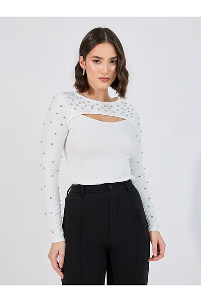 Styli Cut-Out Detail Embellished Fitted Top