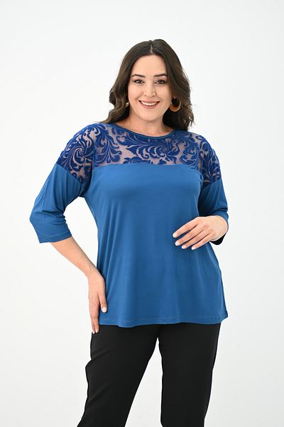 Koza Butik Women's Plus Size Velvet Tulle Detail Blouse 1856-2