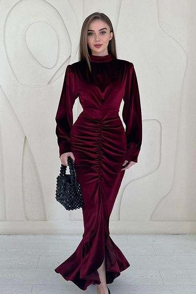 Elbee Fashion Woman Rochie cu guler în picioare adunată în față