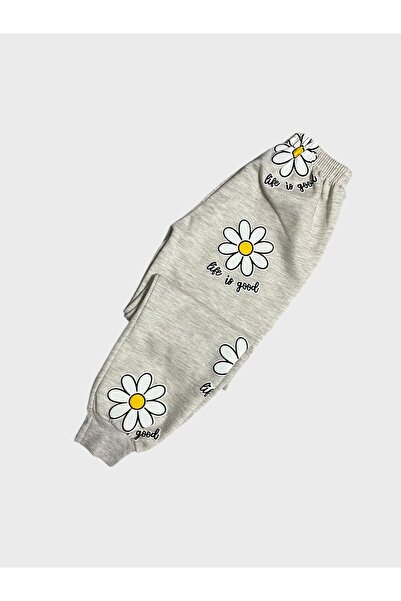 Genel Markalar Kız Çocuk Pamuklu Şardonlu Taş Rengi Çiçek Desenli Uzun Kollu Kışlık Eşofman Takımı