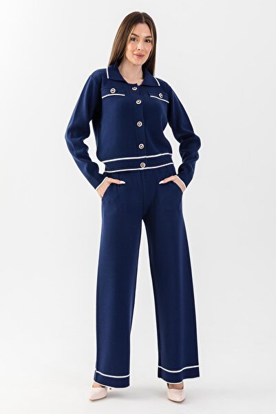 Irmak Kerekli Sötétkék Ecru női póló nyakú kardigán és nadrág szett - 2009