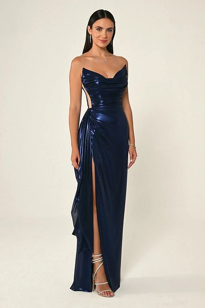 ALFABETA Shiny Fabric Side Slit Long Dress