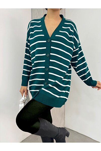 Modamorfo Striped Buttoned V-Neck Knitwear Cardigan - Emerald