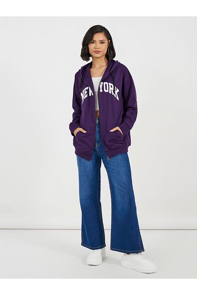 Styli Oversized Zip Through New York Print Hoodie