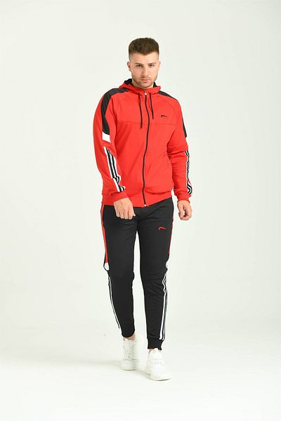 Cramp Spor Stripe Hooded Diver Red Men's Tracksuit Set on the Sleeve