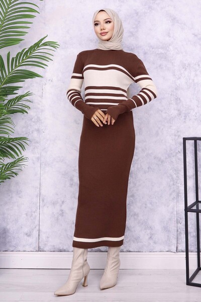 benguen 6146 Model Brown Turtleneck Knitwear Dress