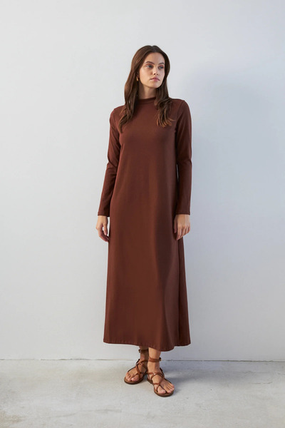 YOUR NAME Dik Yaka Basic Uzun Kol Kahverengi Kadın Elbise
