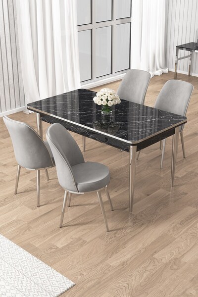 Canisa Rewa Serisi 70x110 Sabit Siyah Mermer Desen Krom Detay Masa Takımı ve 4 Gri Sandalye