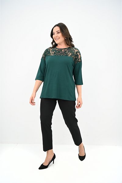 Koza Butik Women's Plus Size Velvet Tulle Detail Blouse 1856-2