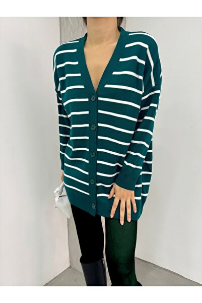 Modamorfo Striped Buttoned V-Neck Knitwear Cardigan - Emerald