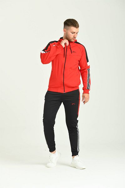 Cramp Spor Stripe Hooded Diver Red Men's Tracksuit Set on the Sleeve