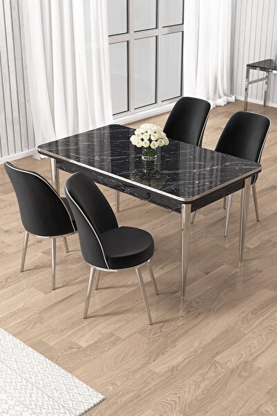 Canisa Rewa Serisi 70x110 Sabit Siyah Mermer Desen Krom Detay Masa Takımı ve ...