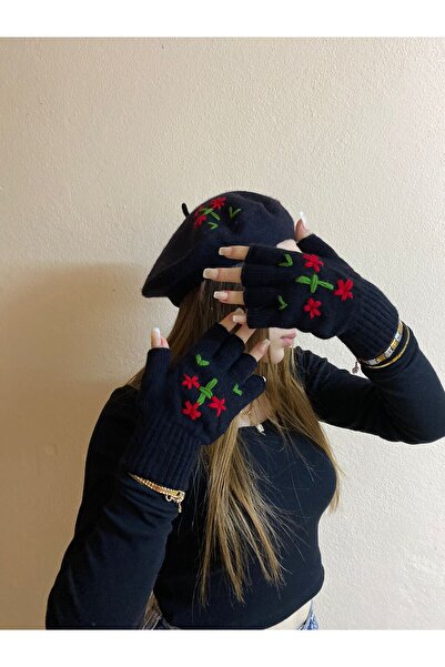 sema aksesuar Handmade Red Floral Leaf Embroidered Black French Painter Beret and Fingers Cut Out Gloves Set