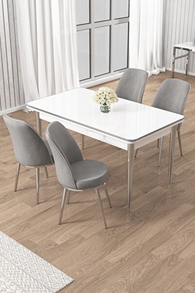 Canisa Rewa Serisi 70x110 Sabit Beyaz Krom Detay Masa Takımı Ve 4 Gri Sandalye