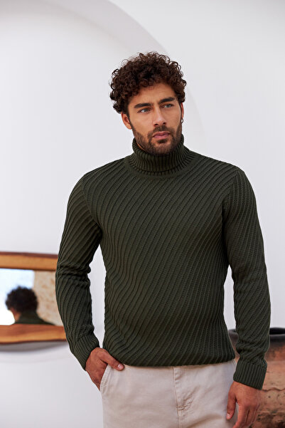 Çizgi Triko Men's Full Fisherman Knitwear Sweater Patterned Sleeves and Waist Elastic Regular Fit-5024E