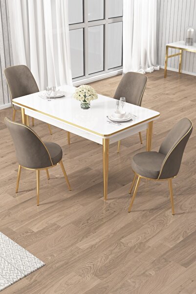 Canisa Rewa Serisi 70x110 Sabit Beyaz Gold Detay Masa Takımı ve 4 Cappucino S...