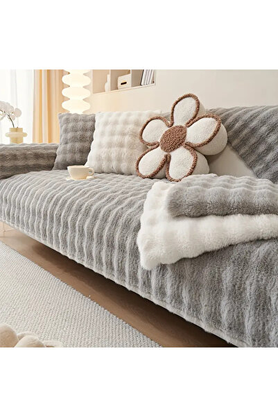TWENTY HOME Tavşan Tüyü Açık Gri Tek Kişilik Yatak Örtüsü, Koltuk Kanepe Örtüsü