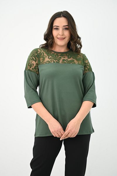 Koza Butik Women's Plus Size Velvet Tulle Detail Blouse 1856-2