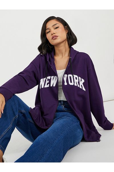 Styli Oversized Zip Through New York Print Hoodie