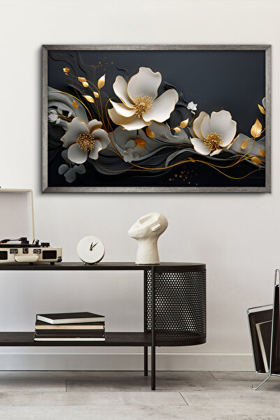 Evinemoda Çiçekler Gold Detay Tek Parça Gümüş Çerçeveli Kanvas - Canvas Tablo