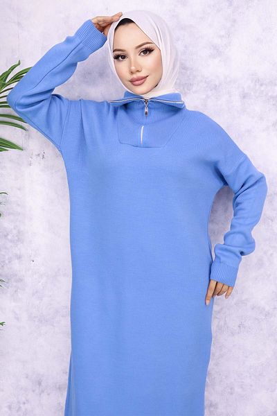 benguen Model 4008 - Rochie tricotată cu fermoar albastru