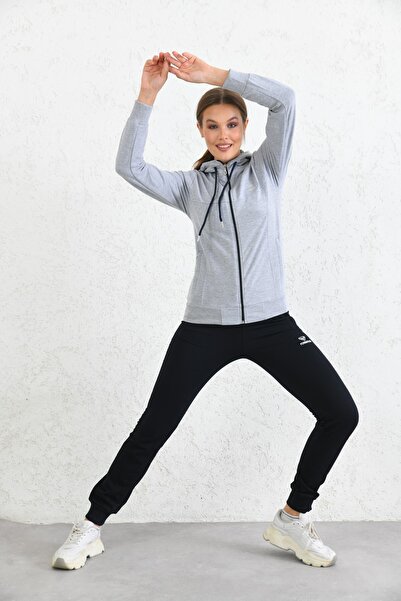 Genel Markalar Gri Kapüşonlu Fermuarlı Penye Kumaşı Eşofman Takımı