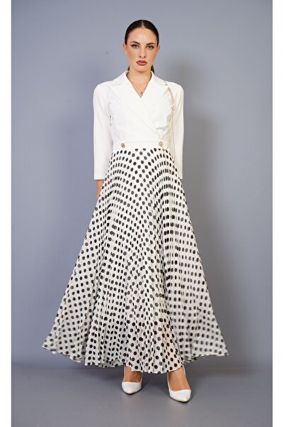 DOJERY Siyah Beyaz Benek Desenli Şık Elbise