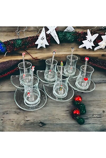 Genel Markalar El Yapımı Noel Temalı  Cam 6 Kişilik Çay Takımı Seti 18 Parça ...