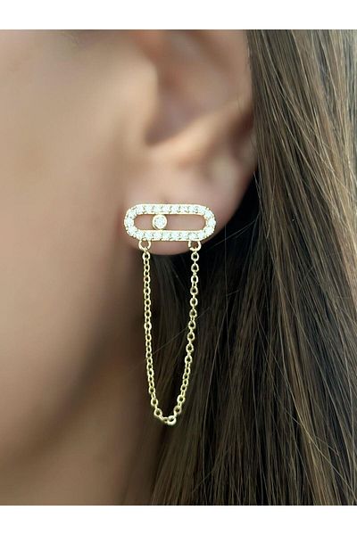 MyladyAccessoriess Oval Cut Zircon Stone and Chain Detailed Earrings (Steel) Silver
