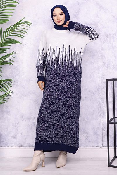 benguen 6208 Πλεκτό φόρεμα με σχέδιο Navy Blue